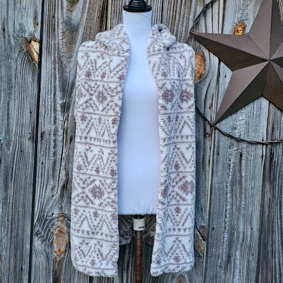 Plush Hooded Vest UGG Koolaburra Size M White Gray Geo Print Fleece Fuzzy Sherpa - Picture 1 of 8